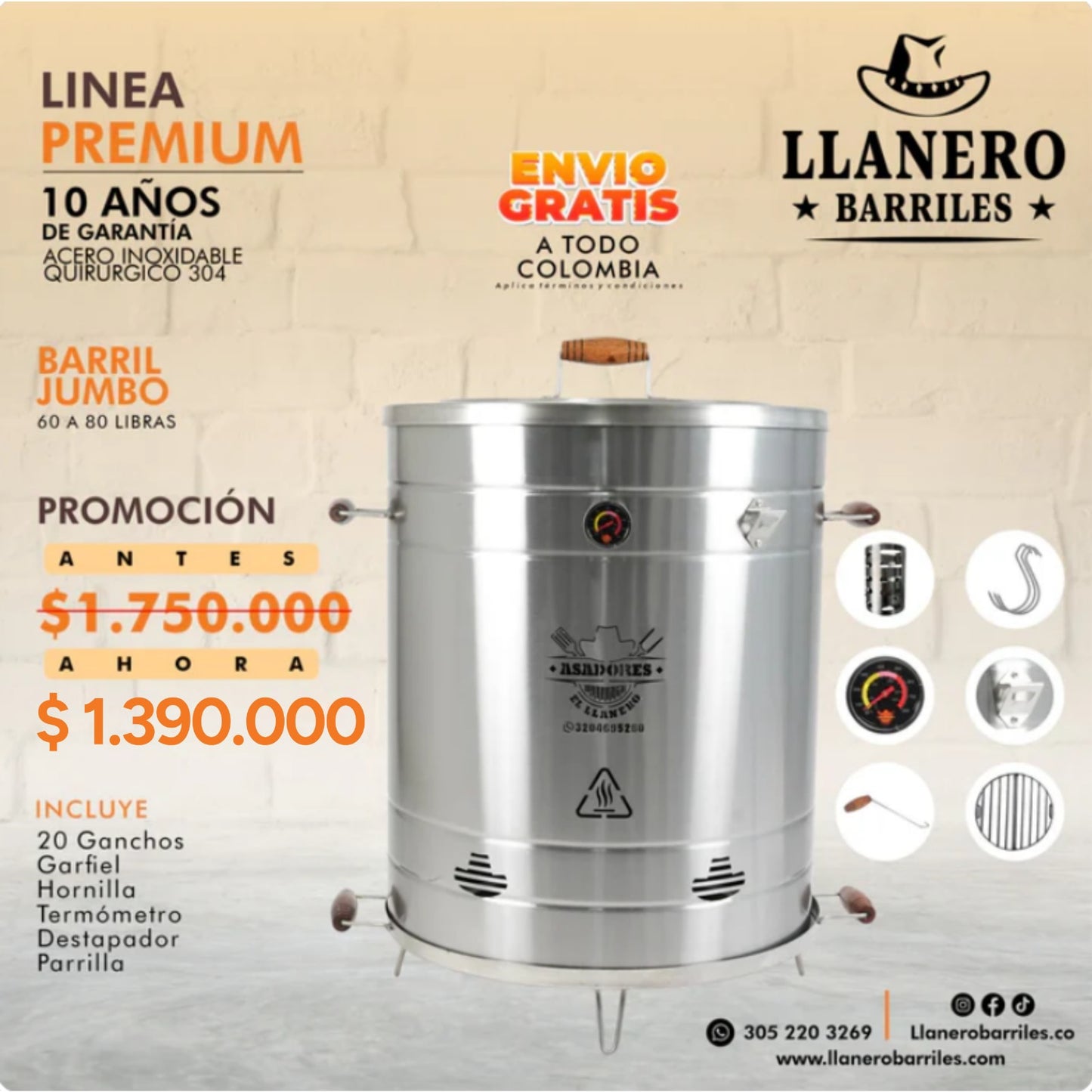 ¡LINEA PREMIUM! Asador jumbo de acero inoxidable quirúrgico 304 con capacidad de 60 a 80 libras