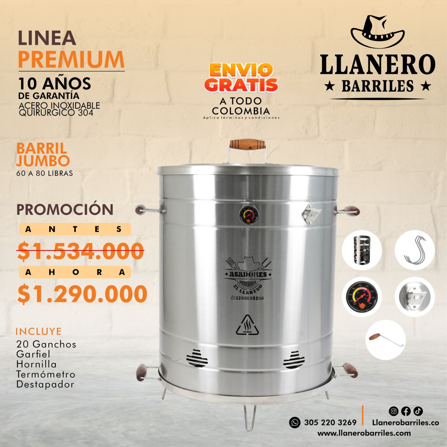 Asador al Barril Premium, Jumbo capacidad de 60 - 80 libras Acero Inoxidable quirúrgico 304