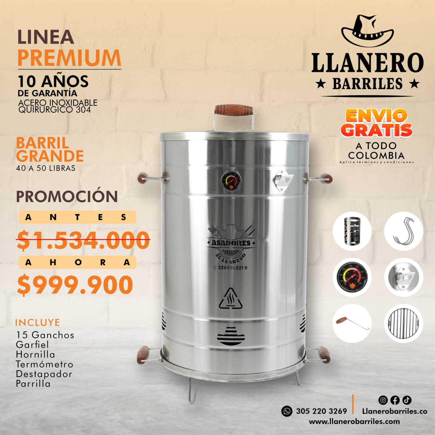 Asador al Barril Premium, Grande capacidad de 40 a 50 libras Acero Inoxidable quirúrgico 304
