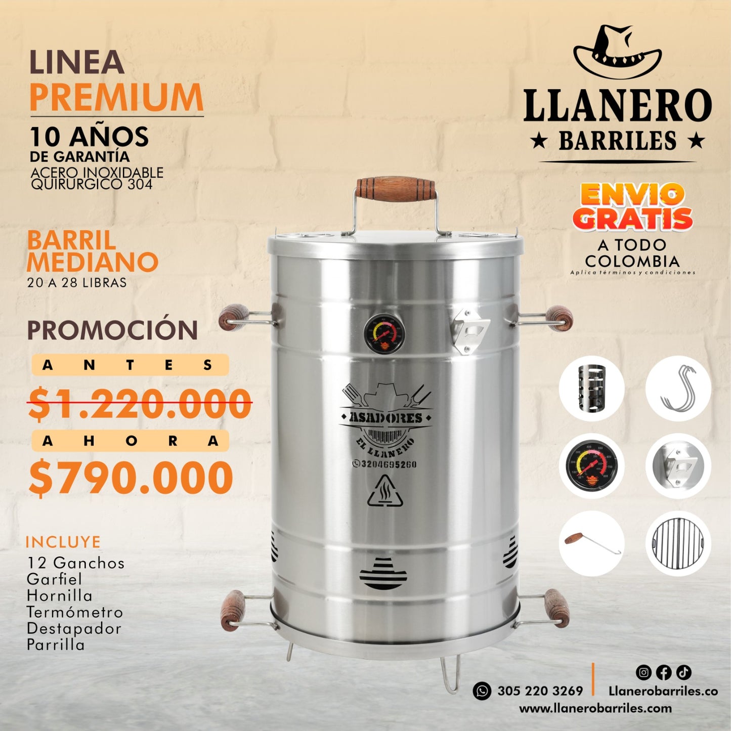 Asador al Barril Premiun Mediano 20 a 28 Libras Acero Inoxidable Quirurgico 304