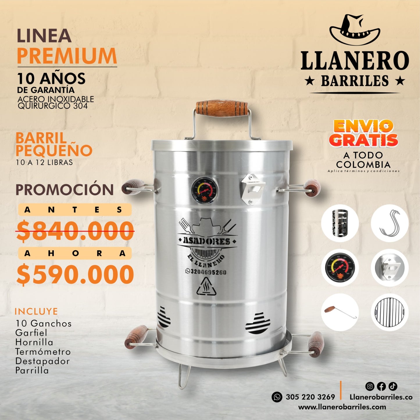 Asador al Barril Premiun Pequeño 10 - 12 Libras Acero Inoxidable Quirurgico 304