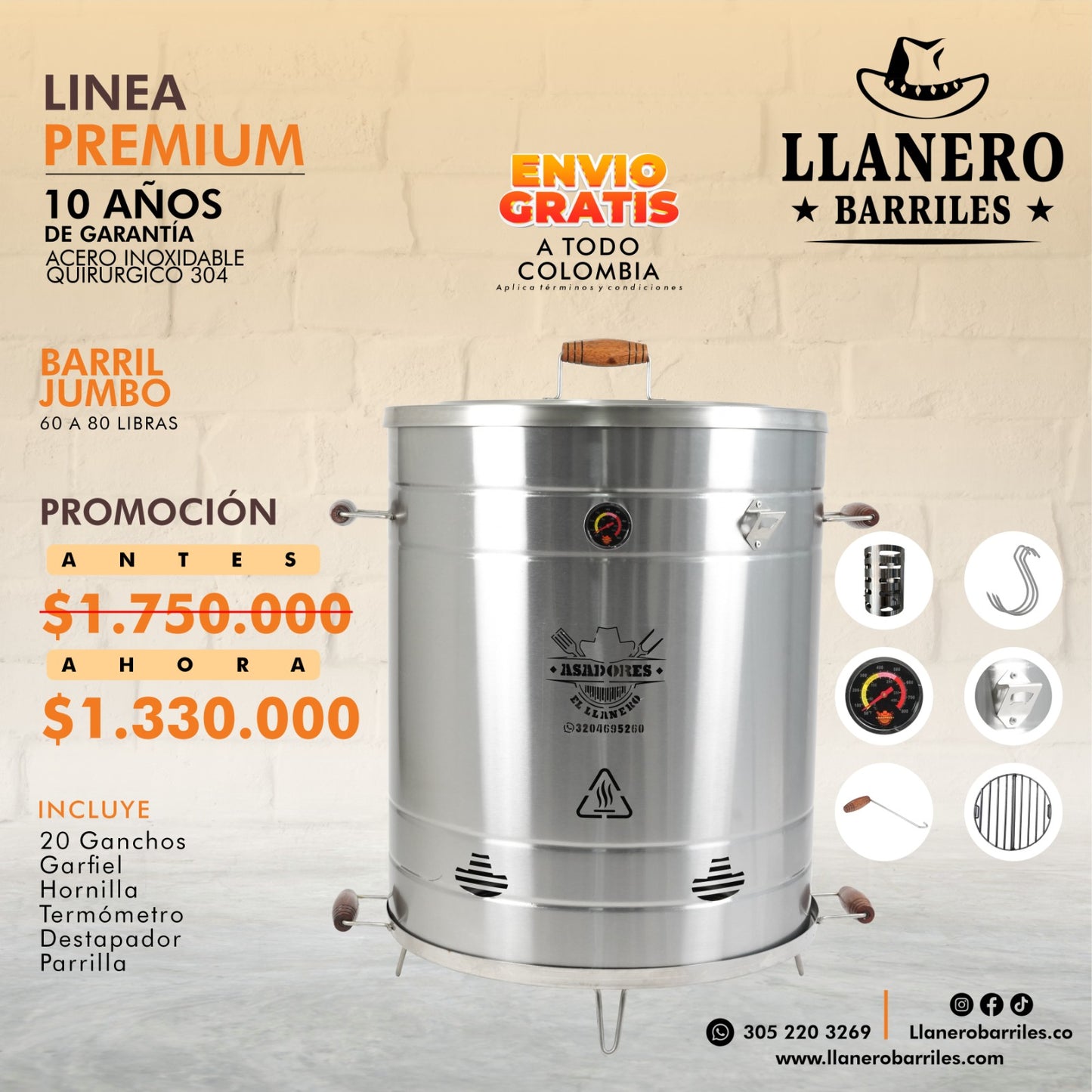 Asador al Barril Premium, Jumbo capacidad de 60 - 80 libras Acero Inoxidable quirúrgico 304