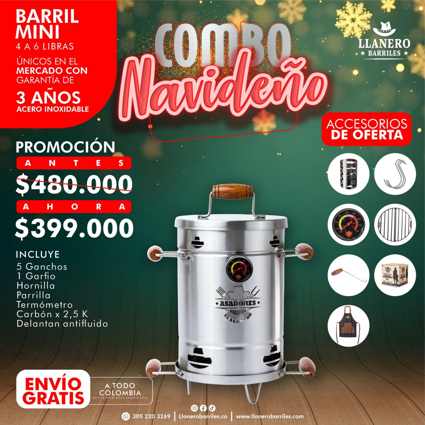 COMBO BARRIL MINI Asador Mini en Acero Inoxidable 430 de 5 Libras