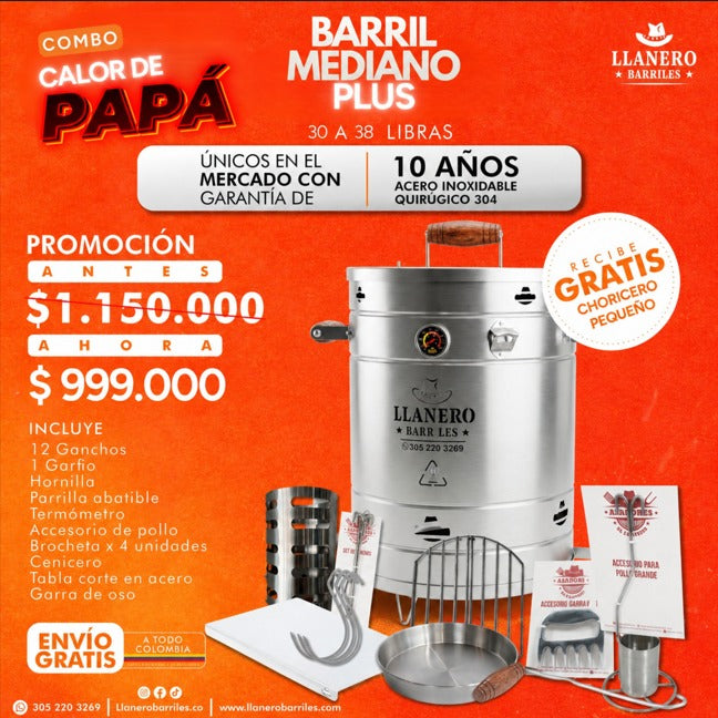 Combo Barril Mediano Capacidad de 30 a 38 Libras Oferta Calor de Papá