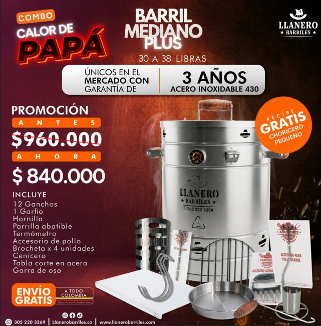 Combo Barril Mediano Capacidad de 30 a 38 Libras Oferta Calor de Papá