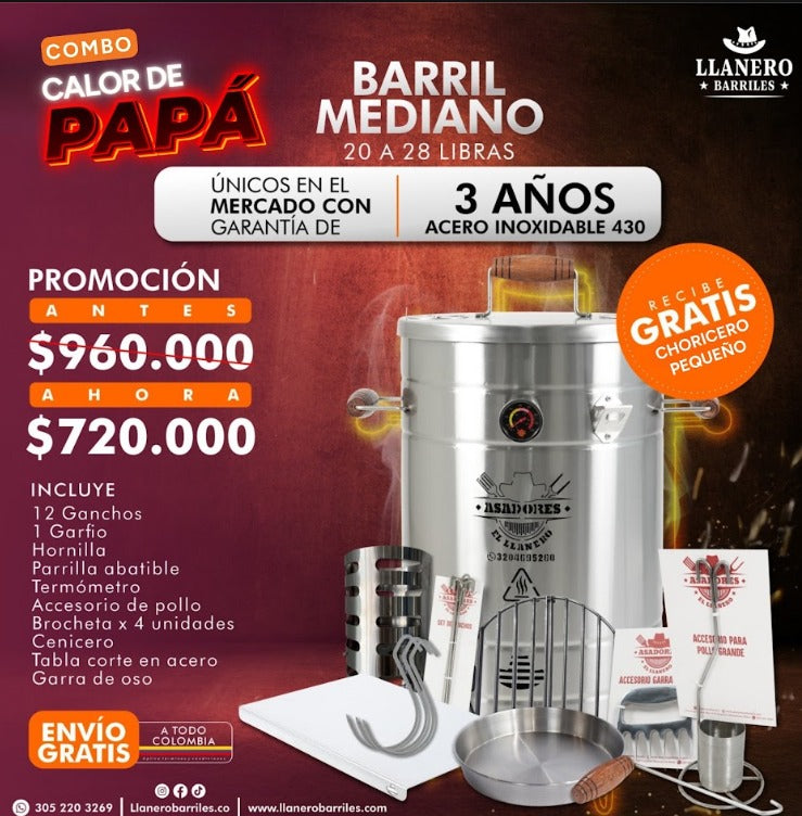 Combo Barril Mediano Capacidad de 20 a 28 Libras Oferta Calor de Papá