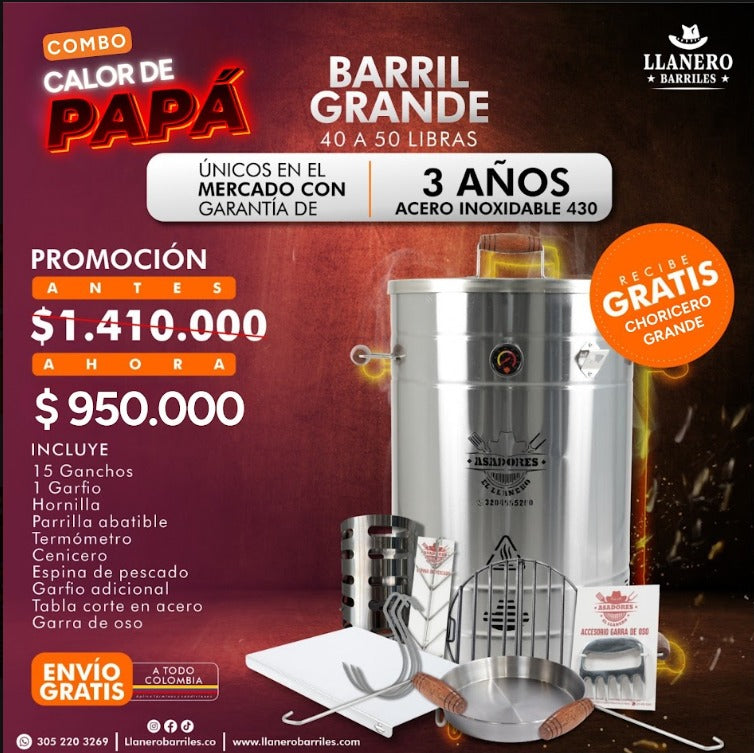 Combo Barril Grande Capacidad de 40 a 50 Libras Oferta Calor de Papá