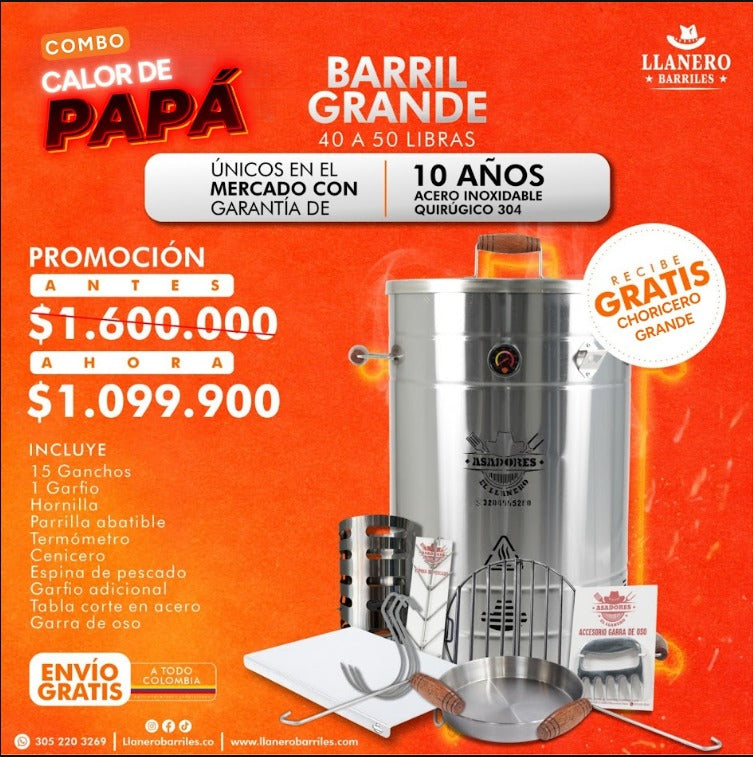 Combo Barril Grande Capacidad de 40 a 50 Libras Oferta Calor de Papá