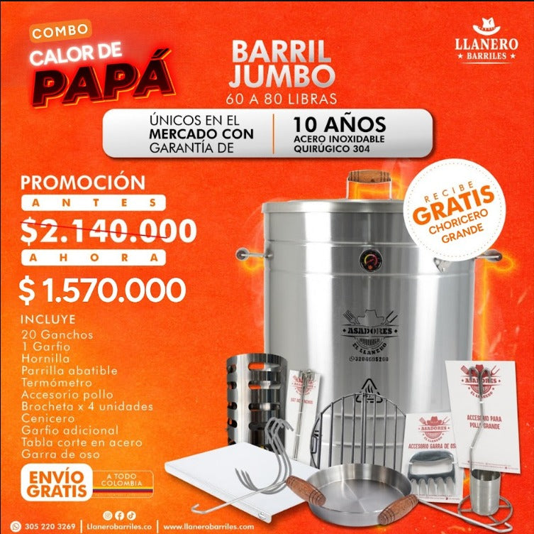 Combo Barril Jumbo Capacidad de 60 a 80 Libras Oferta Calor de Papá