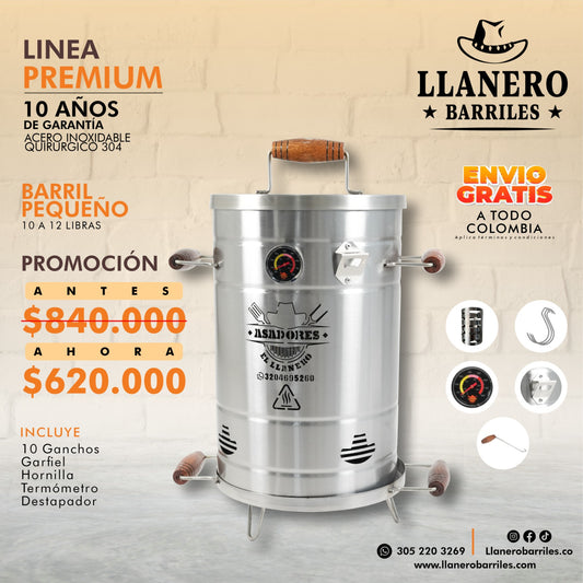 Asador al Barril Premiun Pequeño 10 - 12 Libras Acero Inoxidable Quirurgico 304