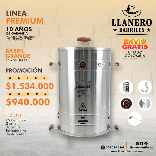 Asador al Barril  Premium, Grande capacidad de 40 a 50 libras Acero Inoxidable quirúrgico 304