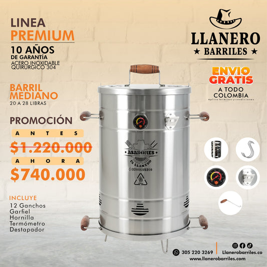 Asador al Barril Premiun Mediano 20 a 28  Libras Acero Inoxidable Quirurgico 304