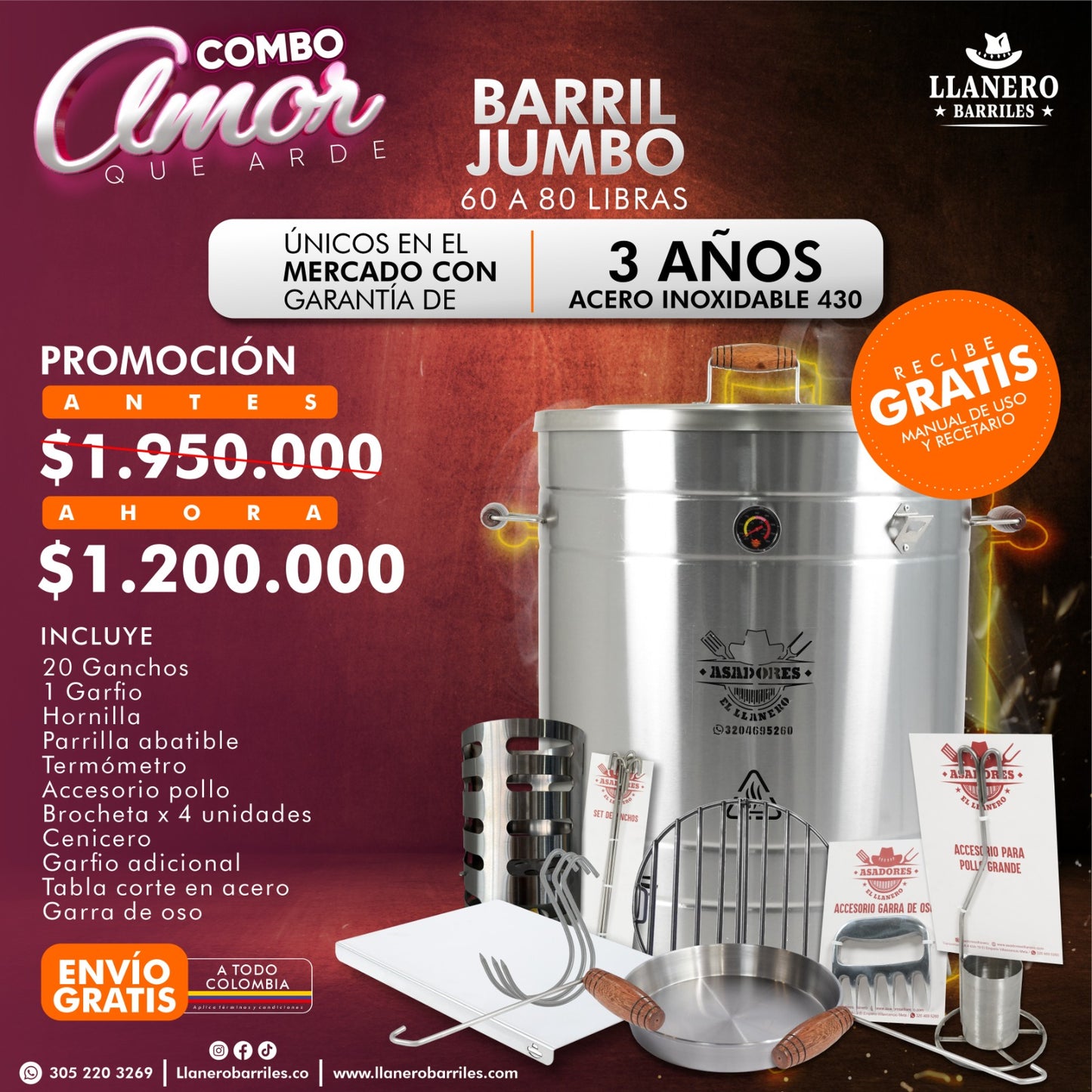 Combo Barril Jumbo Capacidad de 60 a 80 Libras Oferta Amor que Arde