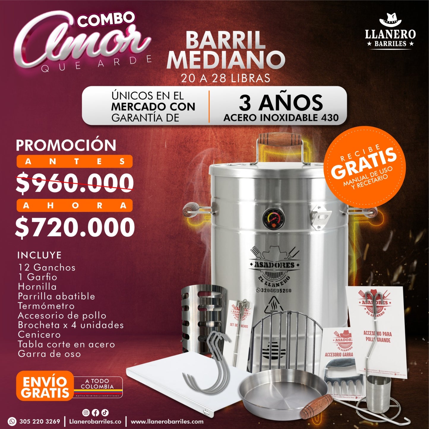 Combo Barril Mediano Capacidad de 20 a 28 Libras Oferta Amor que Arde