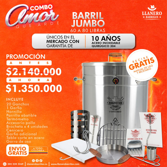 Combo Barril Jumbo Capacidad de 60 a 80 Libras Oferta Amor que Arde