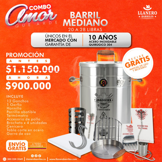 Combo Barril Mediano Capacidad de 20 a 28 Libras Oferta Amor que Arde