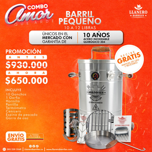 Combo Barril Pequeño Capacidad de 10 a 12 Libras Oferta Amor que Arde