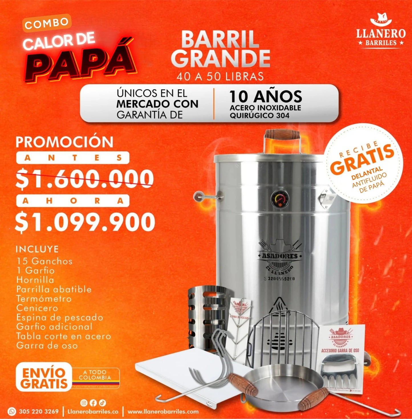 Combo Barril Grande Capacidad de 40 a 50 Libras Oferta Calor de Papá
