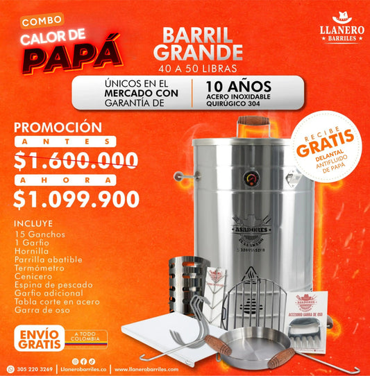 Combo Barril Grande Capacidad de 40 a 50 Libras Oferta Calor de Papá