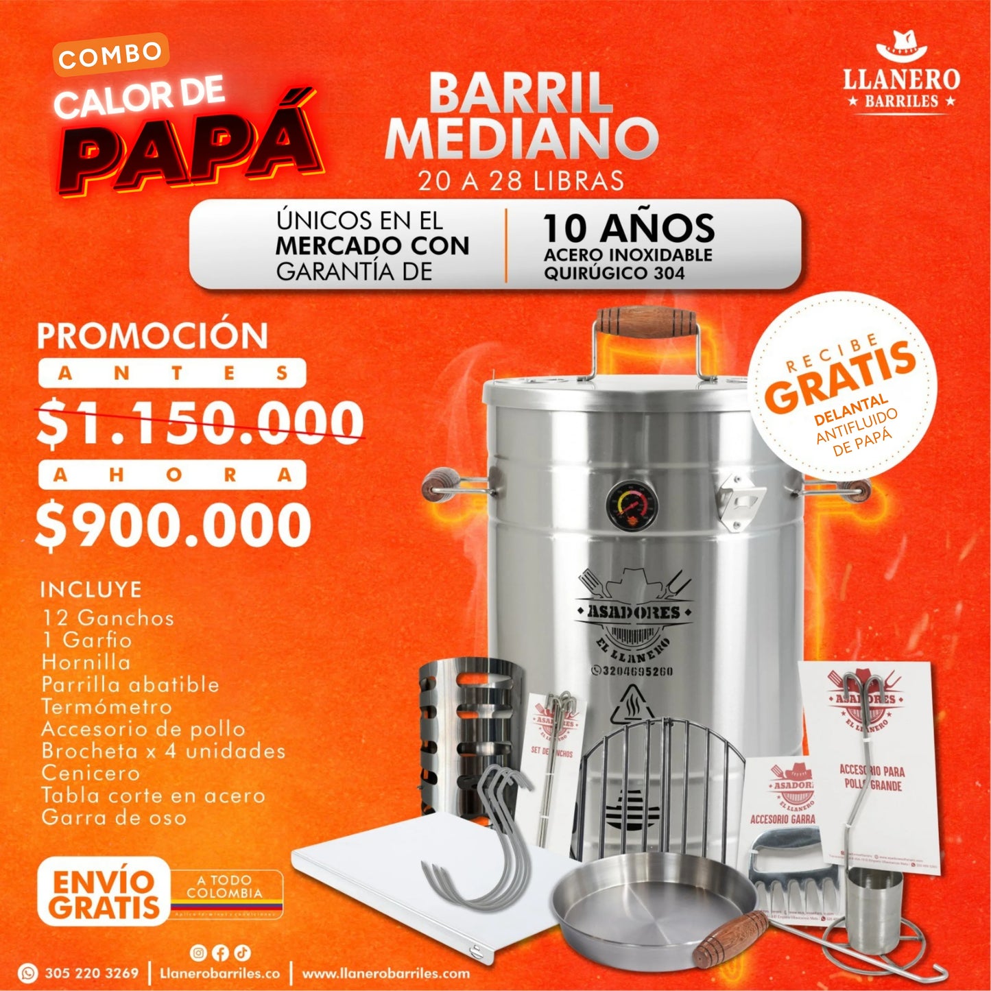 Combo Barril Mediano Capacidad de 20 a 28 Libras Oferta Calor de Papá