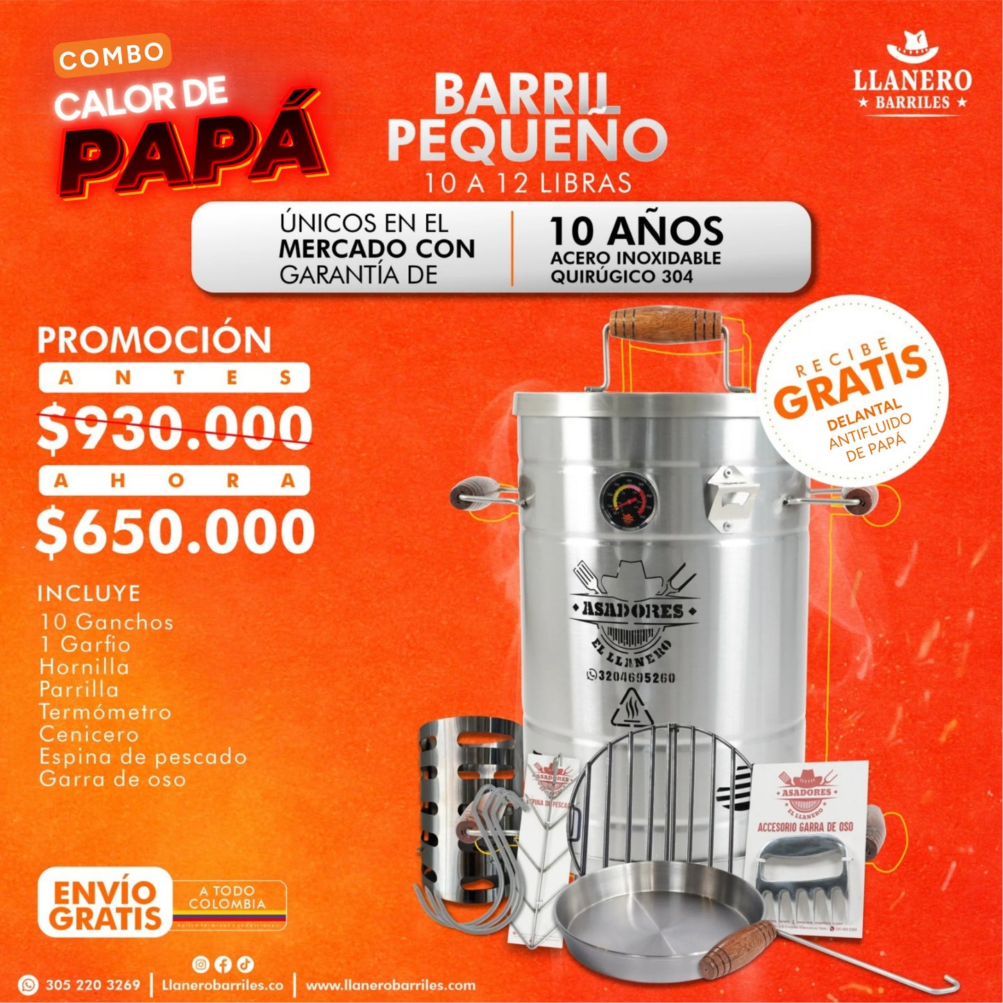 Combo Barril Pequeño Capacidad de 10 a 12 Libras Oferta Calor de Papá