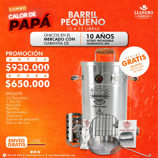 Combo Barril Pequeño Capacidad de 10 a 12 Libras Oferta Calor de Papá