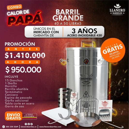 Combo Barril Grande Capacidad de 40 a 50 Libras Oferta Calor de Papá