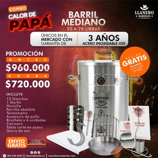 Combo Barril Mediano Capacidad de 20 a 28 Libras Oferta Calor de Papá