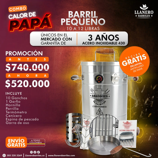 Combo Barril Pequeño Capacidad de 10 a 12 Libras Oferta Calor de Papá