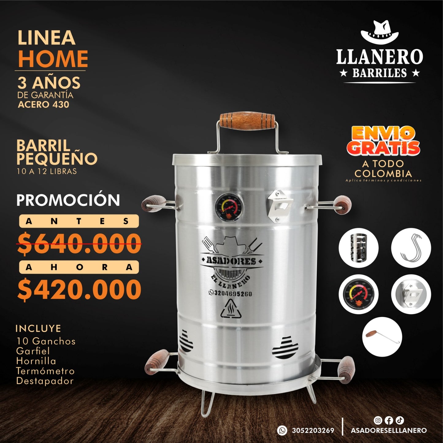 ¡LÍNEA HOME! Asador Pequeño en Acero Inoxidable 430 de 10 Libras