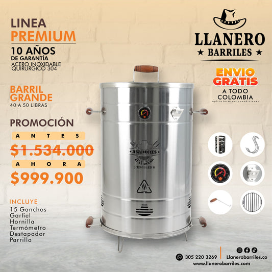 Asador al Barril  Premium, Grande capacidad de 40 a 50 libras Acero Inoxidable quirúrgico 304