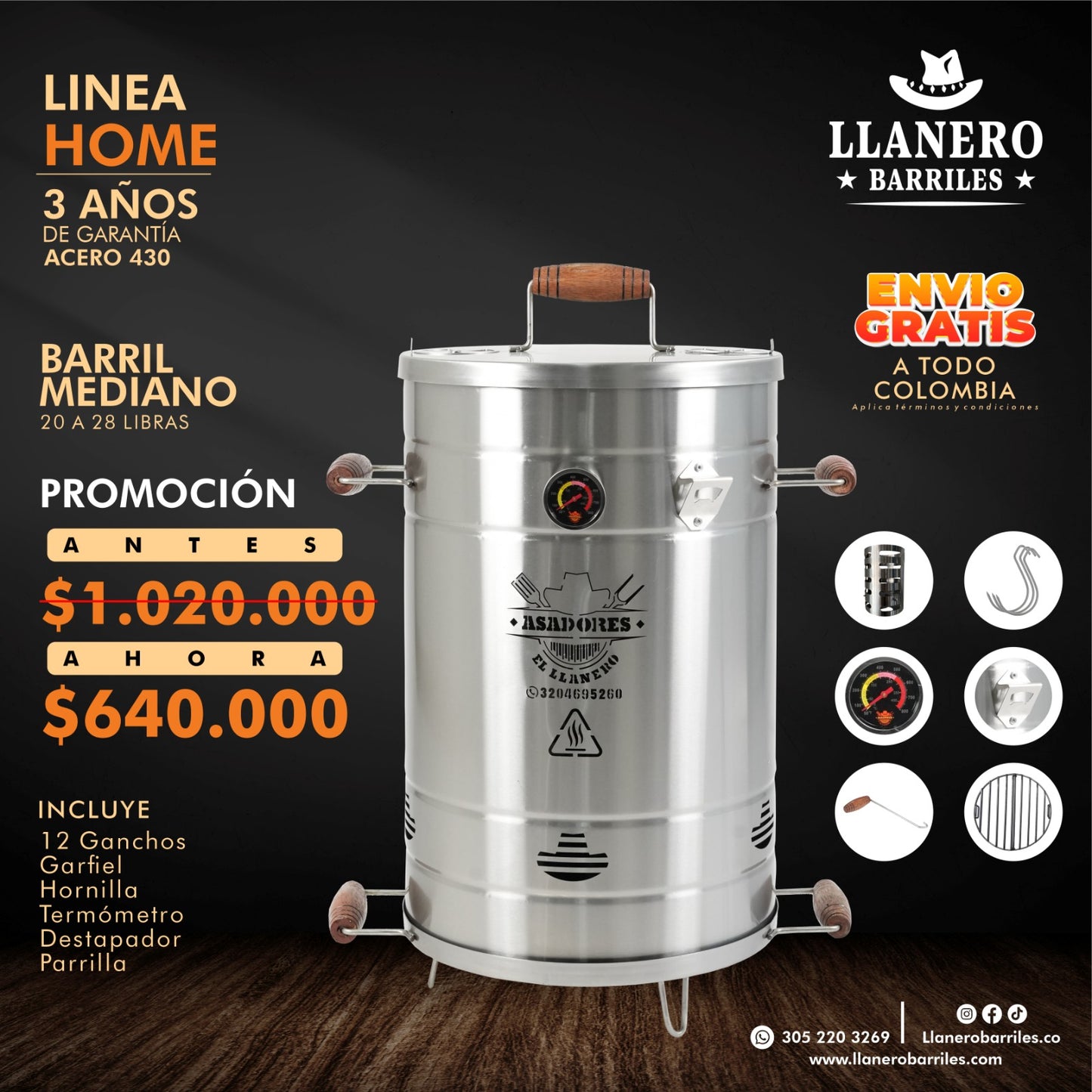 ¡LÍNEA HOME! ¡Combo Asador Mediano en Acero Inoxidable 20-28 Libras con Accesorios Especiales, ¡Aprovecha la Oferta!