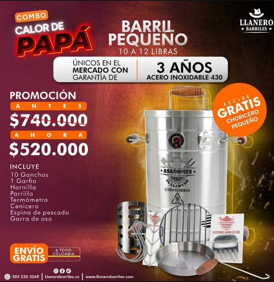 Combo Barril Pequeño Capacidad de 10 a 12 Libras Oferta Calor de Papá