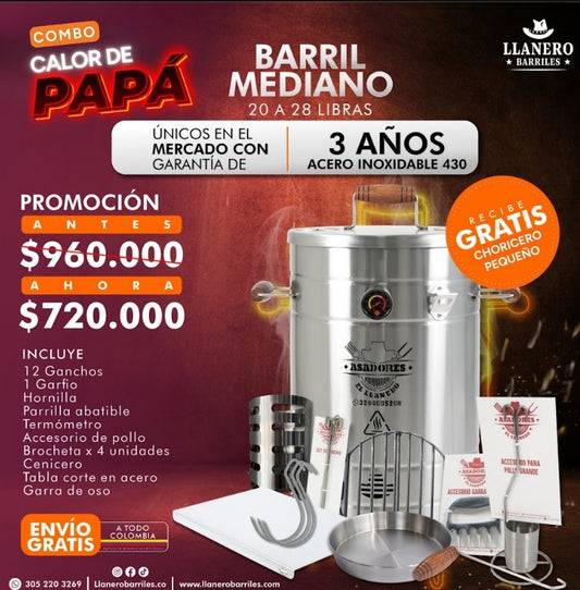 Combo Barril Mediano Capacidad de 20 a 28 Libras Oferta Calor de Papá